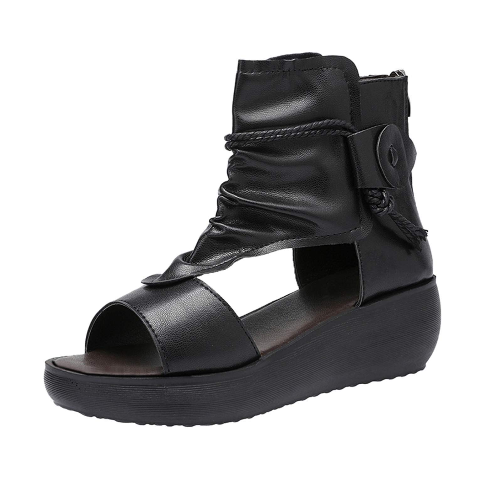 Women's Thick Outdoor Platform Sneakers with Zip Up & Wedge Bottom - Fashionable Sandals for Hiking, Walking & Casual Wear (Black, Size 7.5)