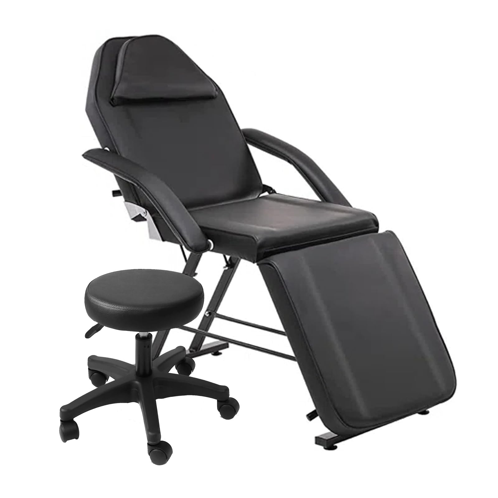 Adjustable Hydraulic Massage Bed Salon Tattoo Chair with Stool - 3-Section Multi-Purpose Facial Bed Table for Beauty, Barber & Spa - Black | Perfect for Tattoo Studios, Massage Therapy & Salon Treatments