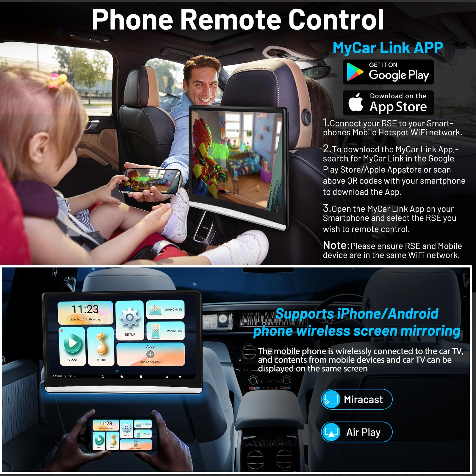 13.3 Inch 4K Android 11 Dual Car Headrest Video Player - 2G+32G Rear Seat Entertainment System with 2.4G/5G WiFi, Wireless Mirror Link, HDMI in/Out, Bluetooth, FM & USB - Perfect for Long Road Trips, Family Travel & Kids Entertainment