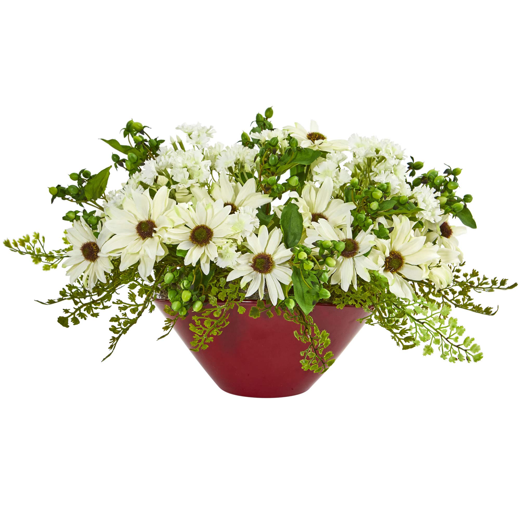 Nearly Natural Red Daisy Artificial Silk Flower Arrangement in Cream Vase - Perfect for Home Decor, Wedding Centerpieces & Office Desk Decorations