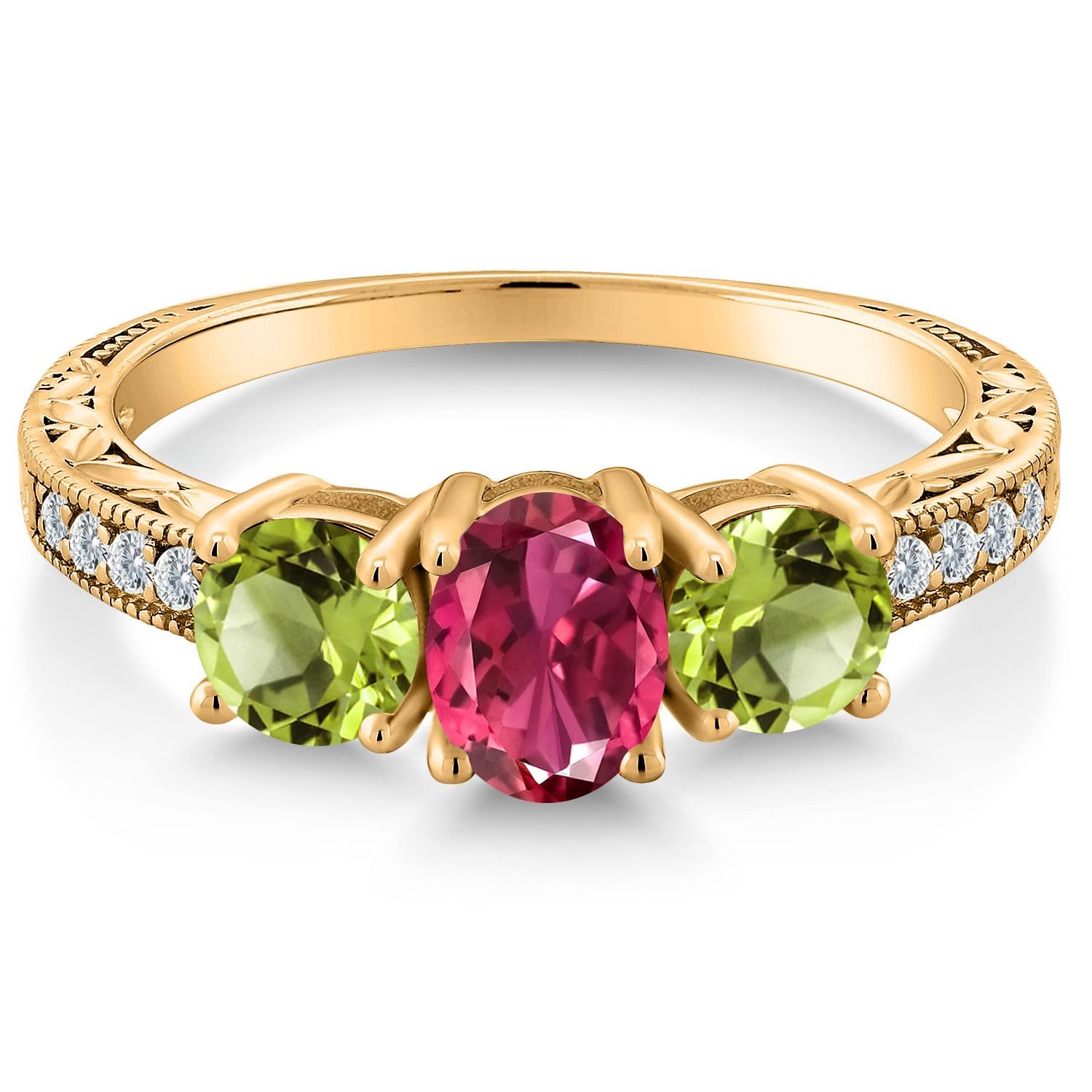 2.07 Ct Oval Pink Tourmaline & Green Peridot 18K Gold Plated Silver Ring for Women | Gem Stone King | Elegant Jewelry Gift for Birthday, Anniversary & Special Occasions
