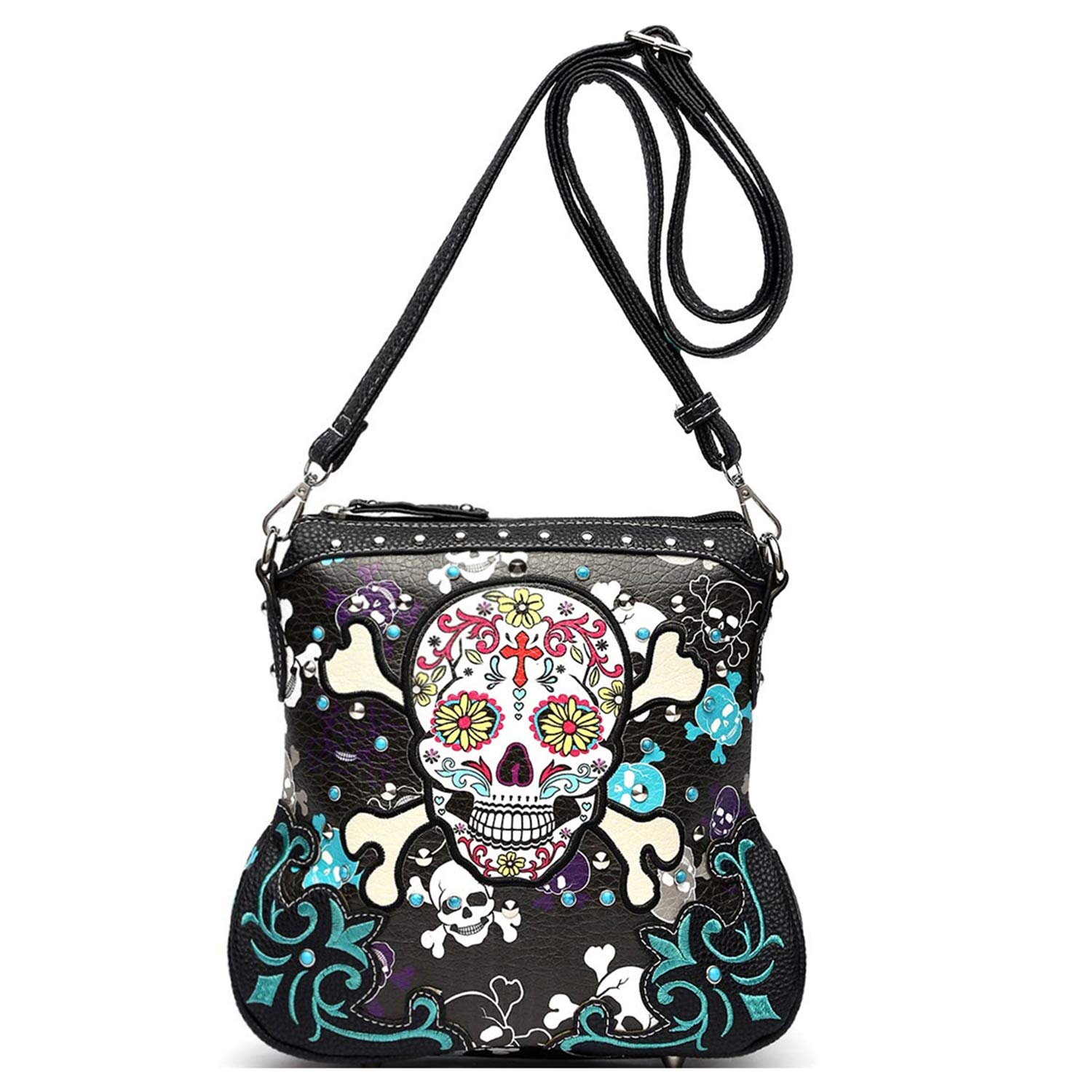 Stylish Sugar Skull Day of the Dead Metallic Crossbody Purse - Gothic Skeleton Leather Handbag for Women | Perfect for Halloween, Dia de los Muertos & Rock Concerts