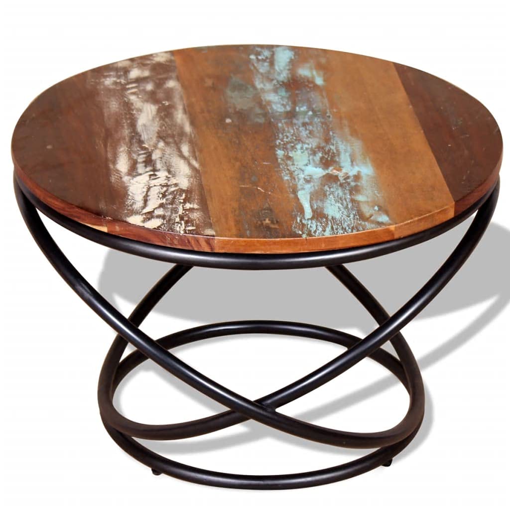 Vintage Round Coffee Table - Industrial Style Cocktail Table with Solid Reclaimed Wood & Metal Frame - 23.6