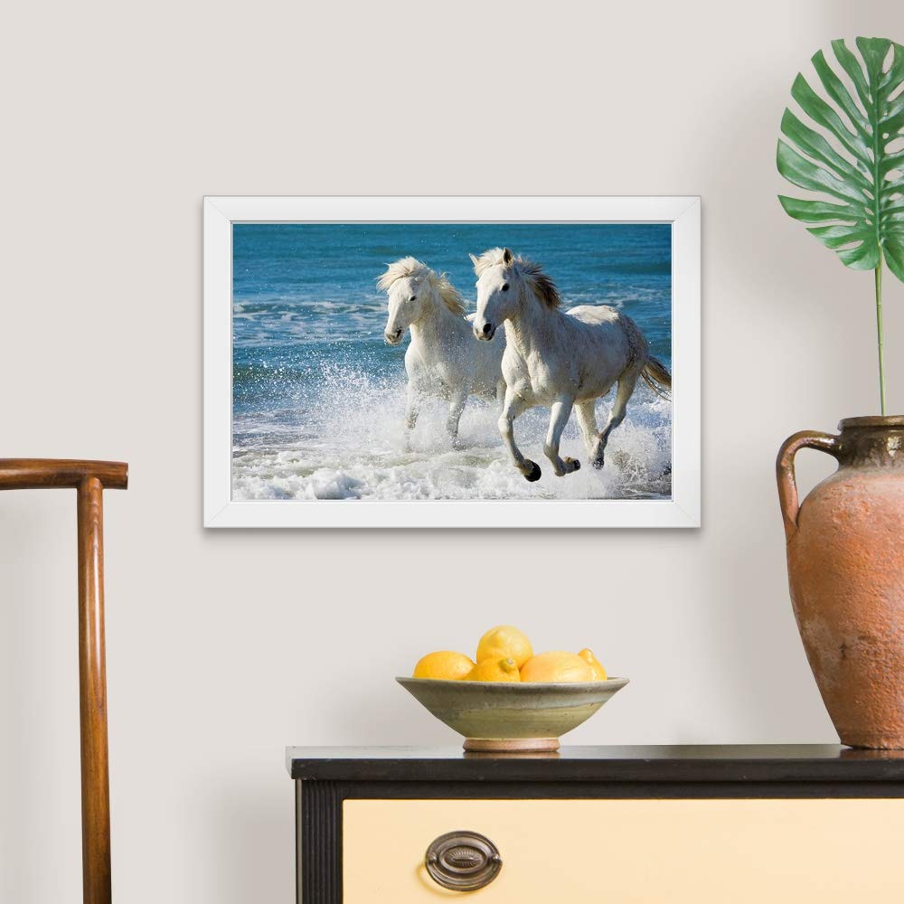 Camargue Horses Running on Beach - White Framed Wall Art Print - Elegant Horse Painting Decor for Living Room, Bedroom & Office