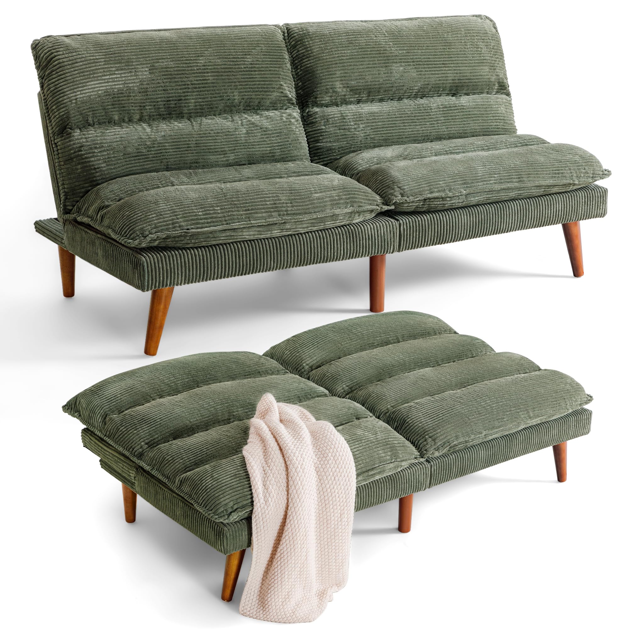 Flamaker Convertible Futon Sofa Bed - Adjustable Back Upholstered Sleeper Couch for Living Room, Guest Room & Small Spaces (Corduroy Fabric, Green) - Perfect for Apartments, Dorms & Home Offices