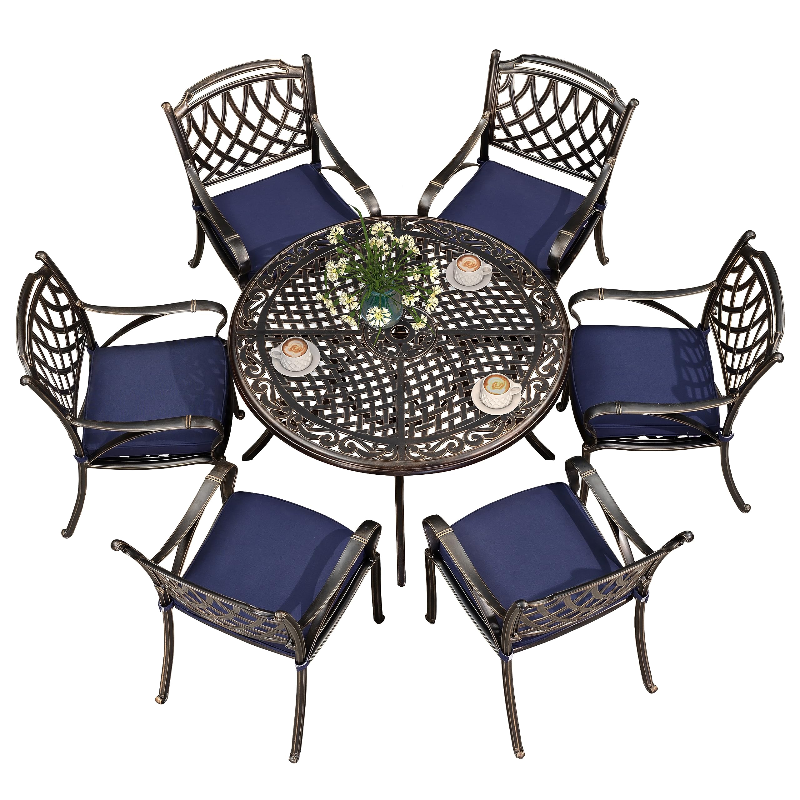 PURPLE LEAF 7-Piece Outdoor Dining Set - Cast Aluminum Patio Furniture with 6 Armchairs & 47