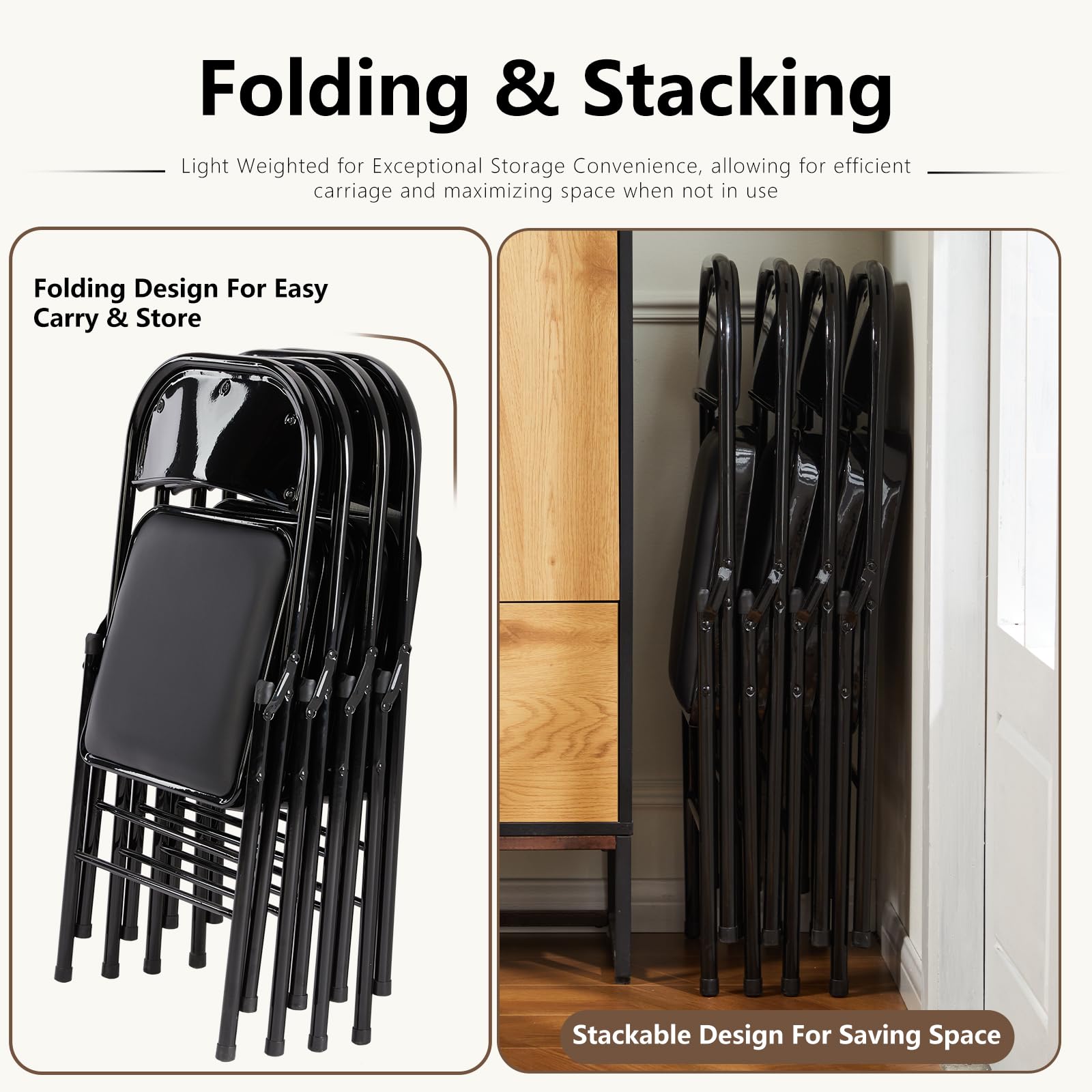 DUMOS 4 Pack Black Leather Padded Folding Chairs - Heavy Duty Steel Frame, Stackable & Portable for Indoor Outdoor Use - Perfect for Home, Office, Parties, Weddings & Events - Comfortable Commercial Seating Solution