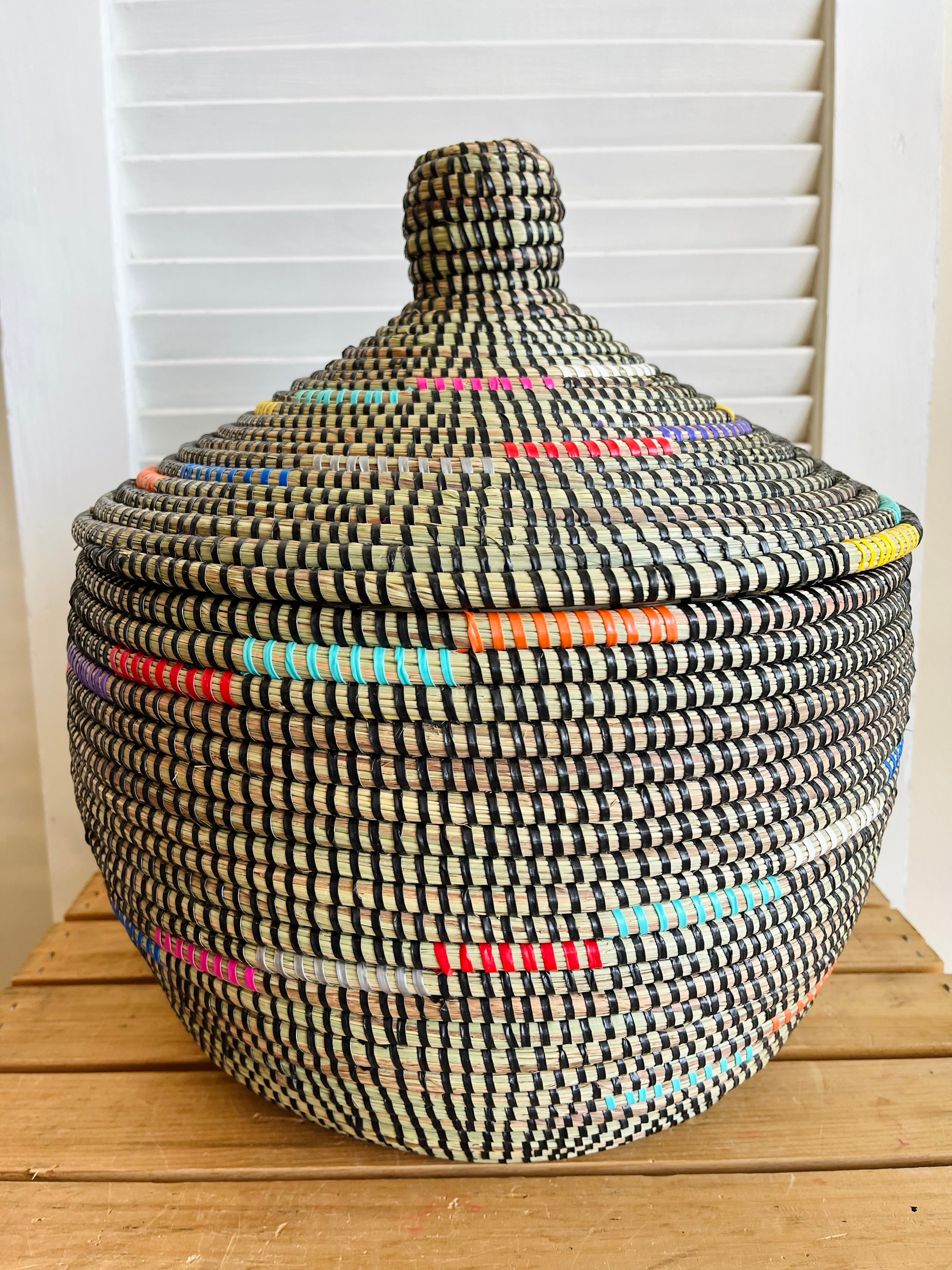 Handwoven African Basket with Lid - Natural Fiber Storage Bin for Home Decor, Organizing & Picnics | Handmade in Senegal | Perfect for Laundry, Toys & Blankets