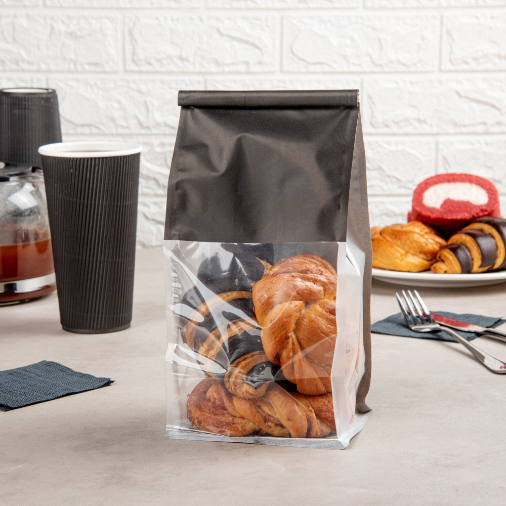 Premium Black Cotton Paper Tin Tie Bags with Clear Window - 5x4x11.25 Inches (100 Count) - Ideal for Coffee Beans, Loose Leaf Tea & Bulk Food Storage