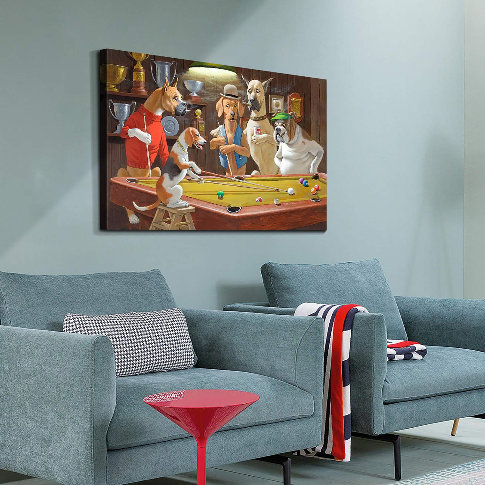 Denozer - Dogs Playing Pool Oil Painting Canvas Print, Modern Wall Art for Living Room, Bedroom, Office Decor - 48x32 Inches - Perfect for Home, Bar, and Game Room Wall Decoration