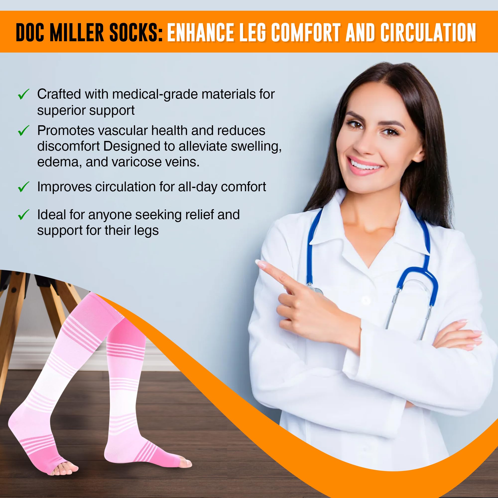 Doc Miller Premium Open Toe Compression Socks 20-30mmHg - Women's Toeless Dress Socks for Circulation & Comfort - Ideal for Nurses, Travel & Varicose Vein Relief