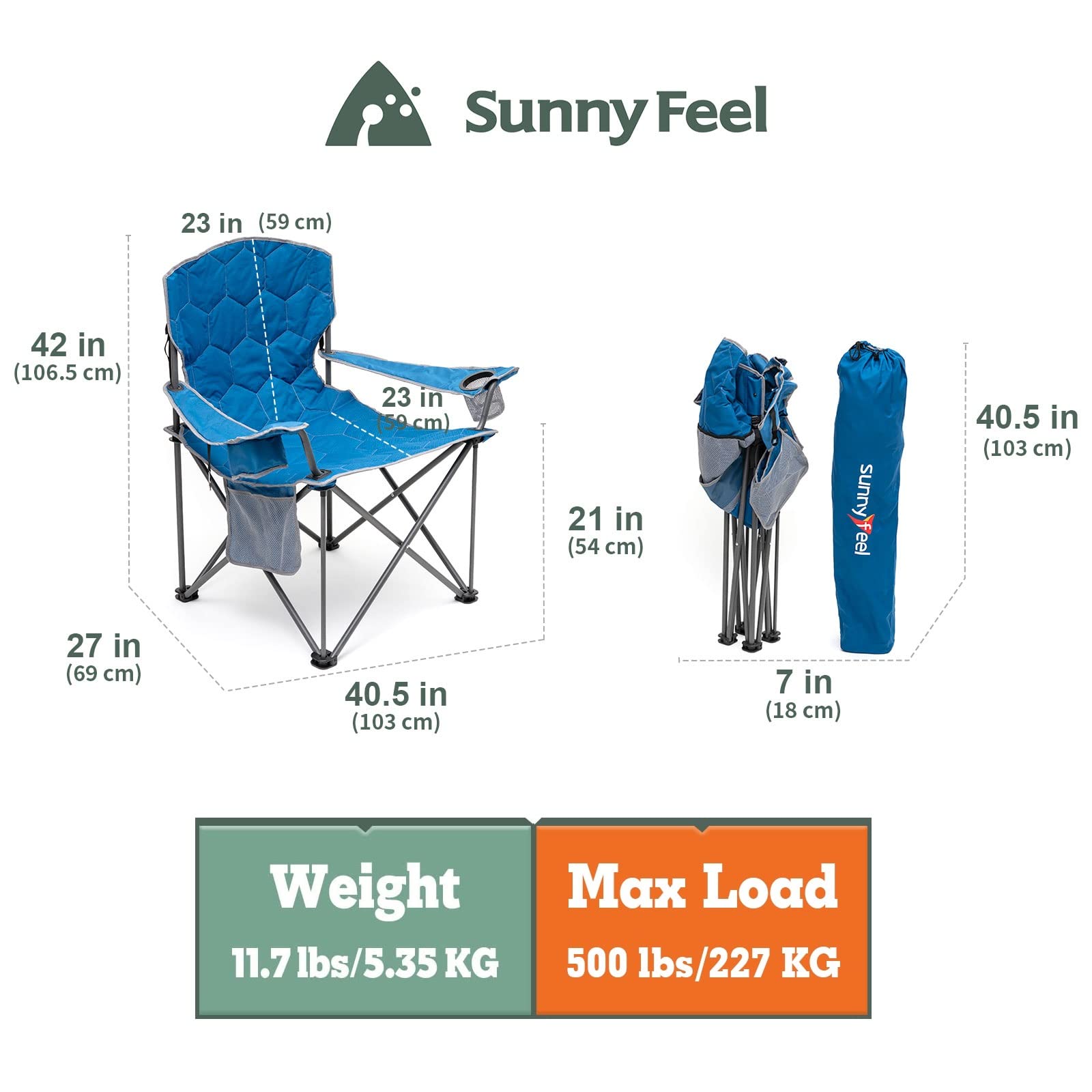**SUNNYFEEL XXL Oversized Camping Chair Heavy Duty 500 LBS Capacity - Portable Folding Chair with Padded Seat, Armrests, Cup Holder & Storage Pocket - Perfect for Big & Tall Adults Over 6'4 - Ideal for Outdoor, Travel, Picnic, Camping, Beach, Sports Events & Backyard Relaxation**