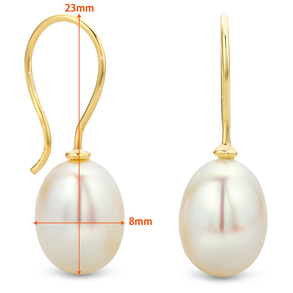 Orovi 9K 375 Yellow Gold Pearl Drop Earrings for Women | 8mm White Freshwater Pearls | Hypoallergenic Handmade Jewelry | Perfect for Weddings, Parties & Special Occasions