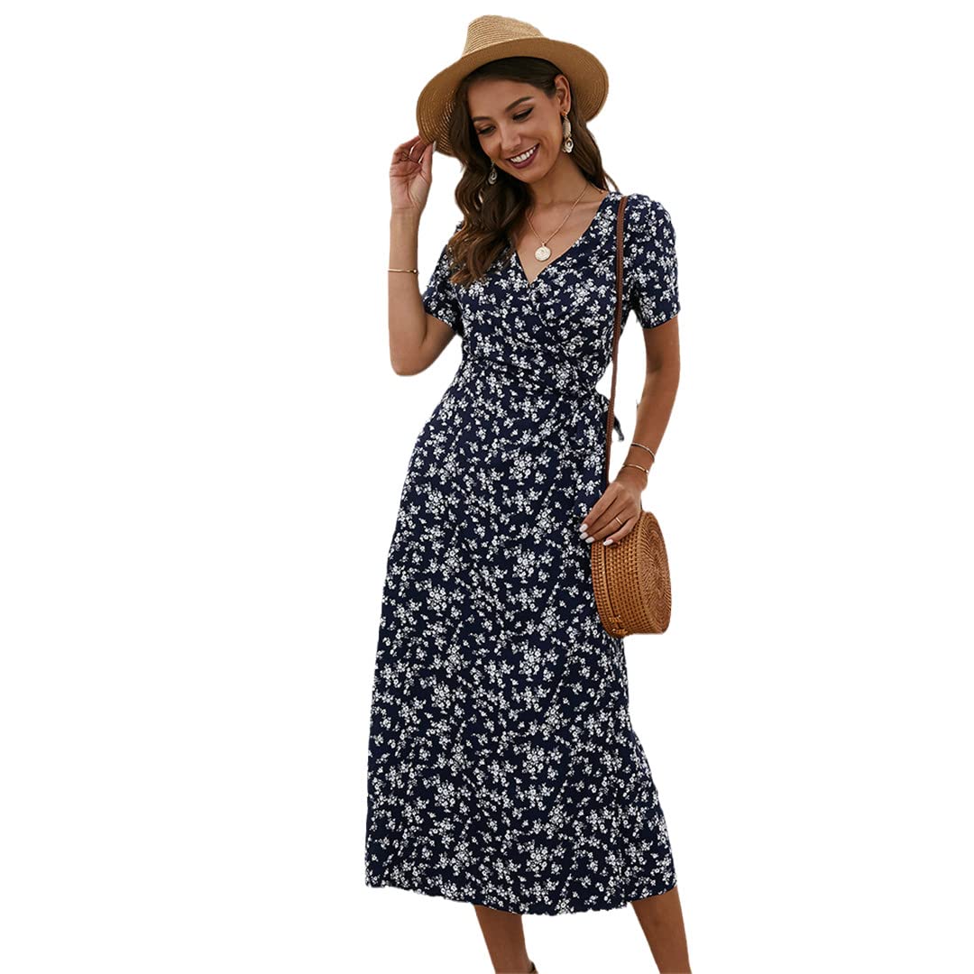 Women's Floral Long Dress - V Neck Short Sleeve Slim Fit Navy Blue Summer Dress for Beach, Party & Casual Wear