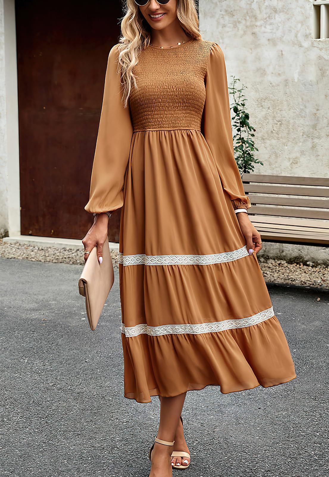 Elegant Lantern Sleeve Smocked Lace A-Line Midi Dress for Women - Perfect for Parties, Weddings & Special Occasions