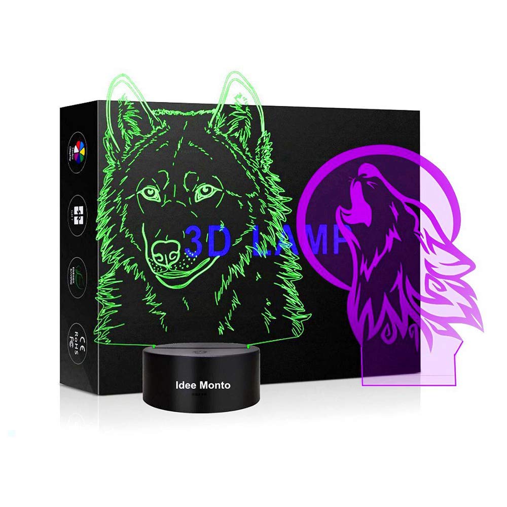 Idee Monto Wild Wolf 3D LED Night Light - Touch Switch, 7 Color Changing Table Lamp with Acrylic Wolf Design - Perfect for Bedroom, Nursery, Bar Decor & Birthday Gifts