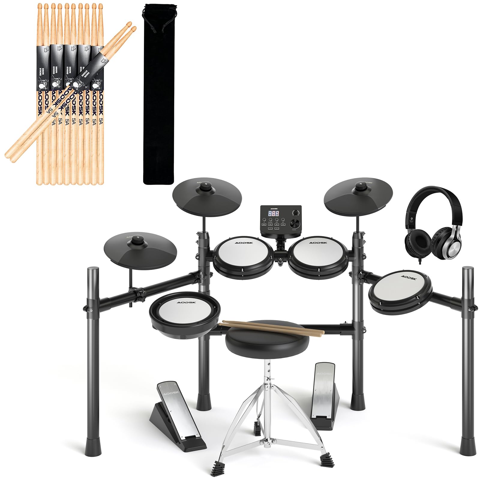 **AODSK Electric Drum Set with Quiet Mesh Pads - Electronic Drum Kit for Beginners, Includes 5A Classic American Maple Wood Drum Sticks (6 Pairs) - Perfect for Home Practice, Studio Recording & Live Performances**