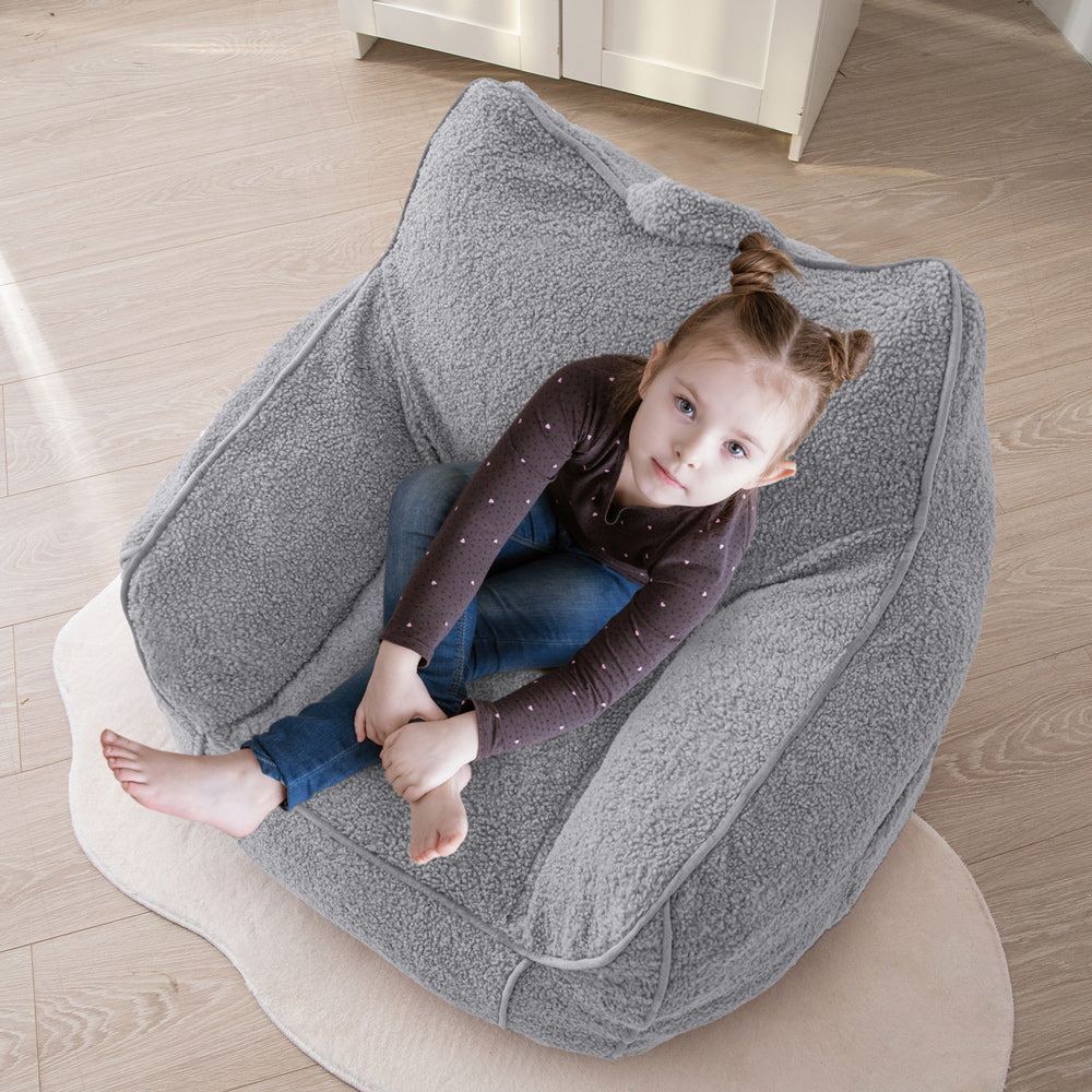 MAXYOYO Kids Sherpa Bean Bag Chair - Soft & Cozy Bean Bag Couch with Decorative Edges for Children's Room, Nursery or Playroom (Grey) - Perfect for Reading, Gaming & Relaxing