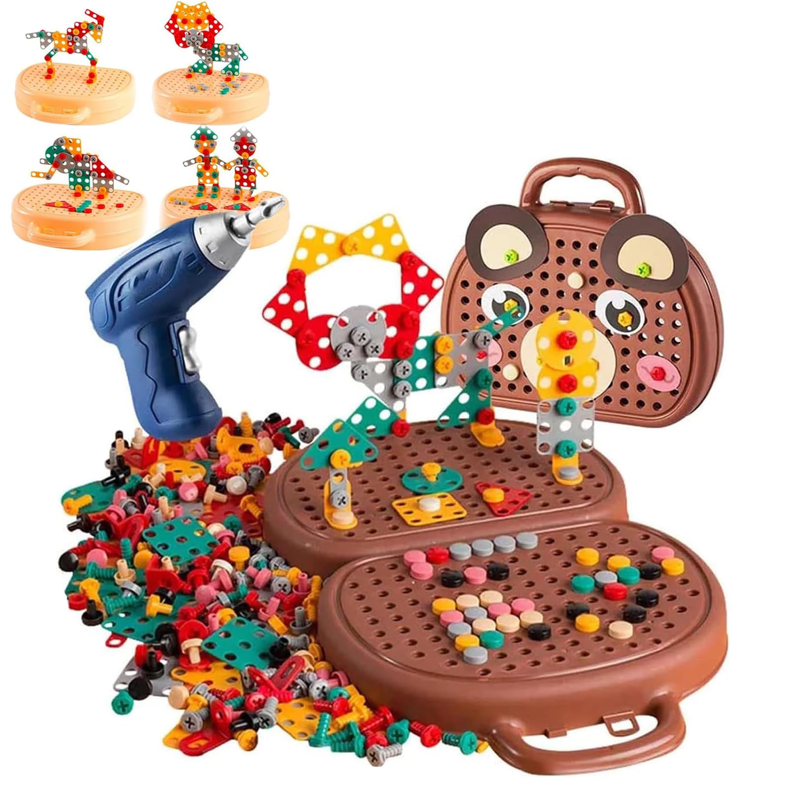 Montessori Magic Play Toolbox - Creative Mosaic Puzzle Toy with Electric Drill & Screwdriver Tool Set - STEM Building Toys Kit for Kids Ages 3-12 - Perfect for Pretend Play, Fine Motor Skills Development & Early Learning Activities