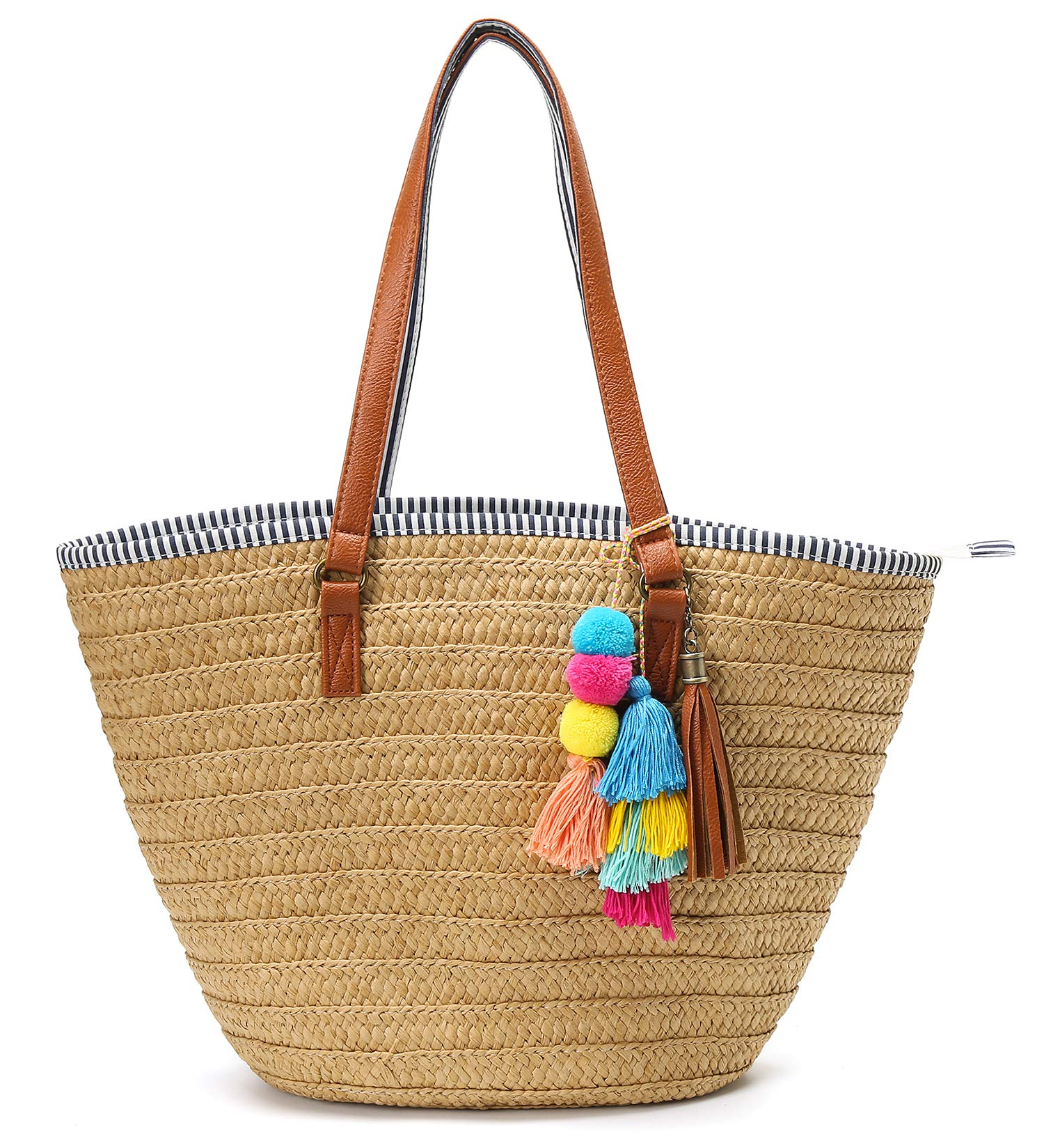 Epsion Straw Beach Tote Bag with Tassels & Pom Poms - Handwoven Boho Shoulder Purse for Women | Summer Vacation, Pool Party, Picnic & Outdoor Activities