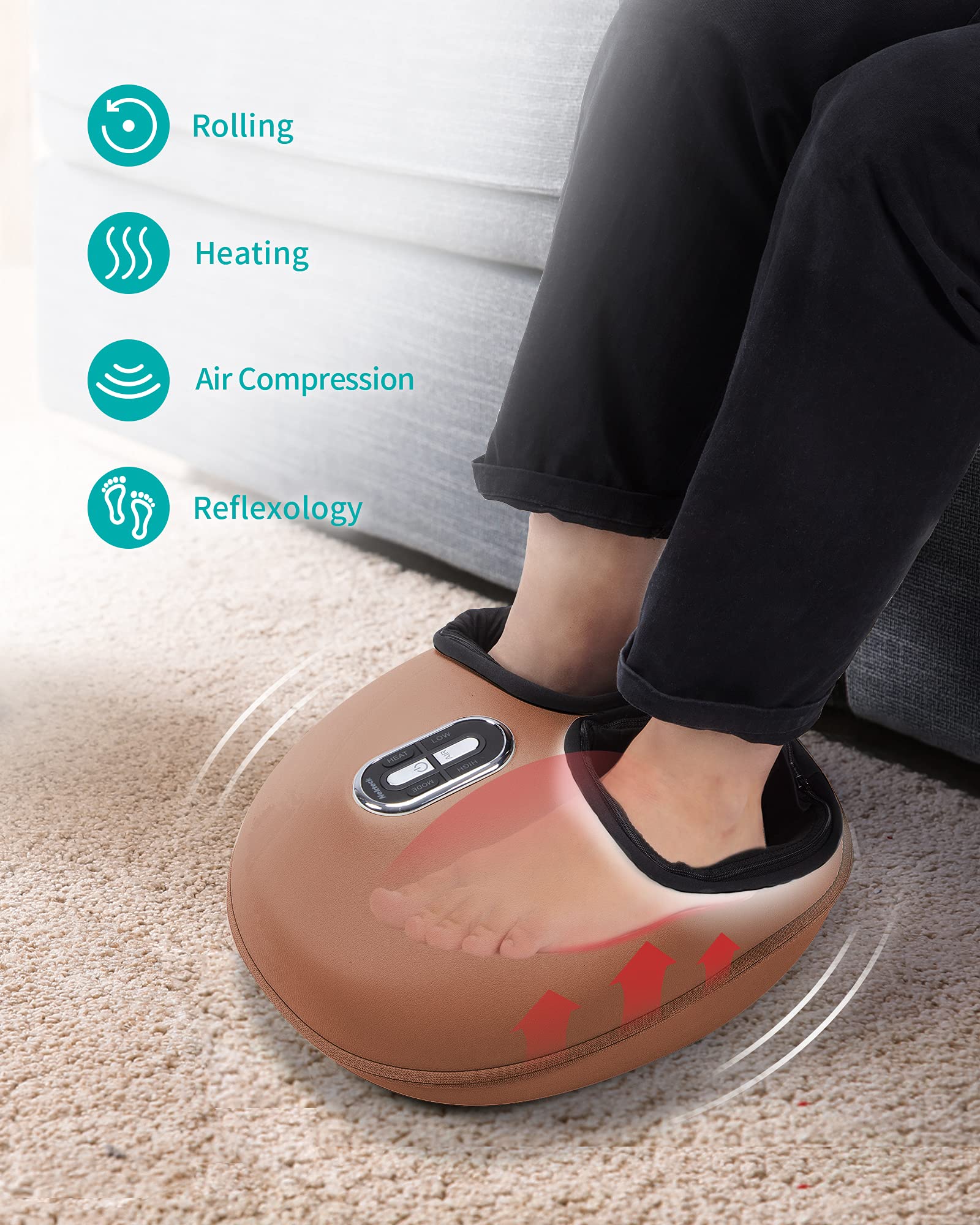 Nekteck Shiatsu Foot Massager Machine with Heat Therapy - Deep Kneading & Air Compression for Improved Blood Circulation - Relieve Foot Pain & Stress - Perfect for Home, Office, or Travel Use (Brown)