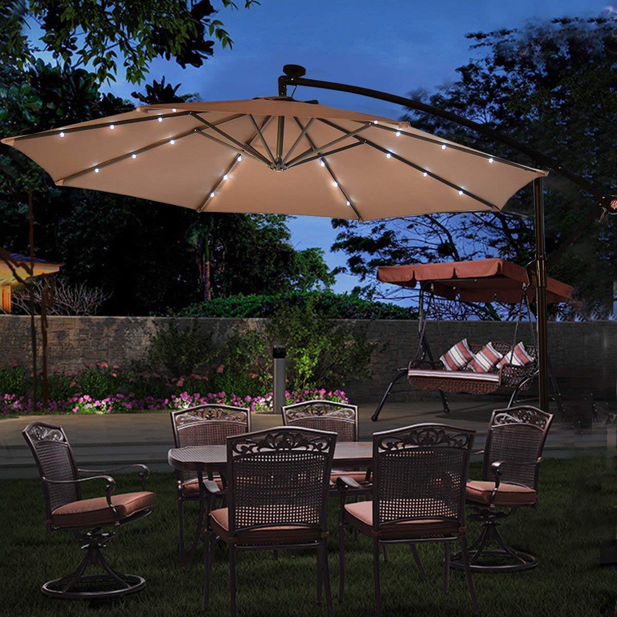 10ft LED Umbrella with Cross Base & Hanging Cover - Waterproof Patio Umbrella for Sun & Rain Protection - Perfect for Backyard, Poolside, Garden, Beach (Tan) - Ideal for Outdoor Dining, Lounging & Shade
