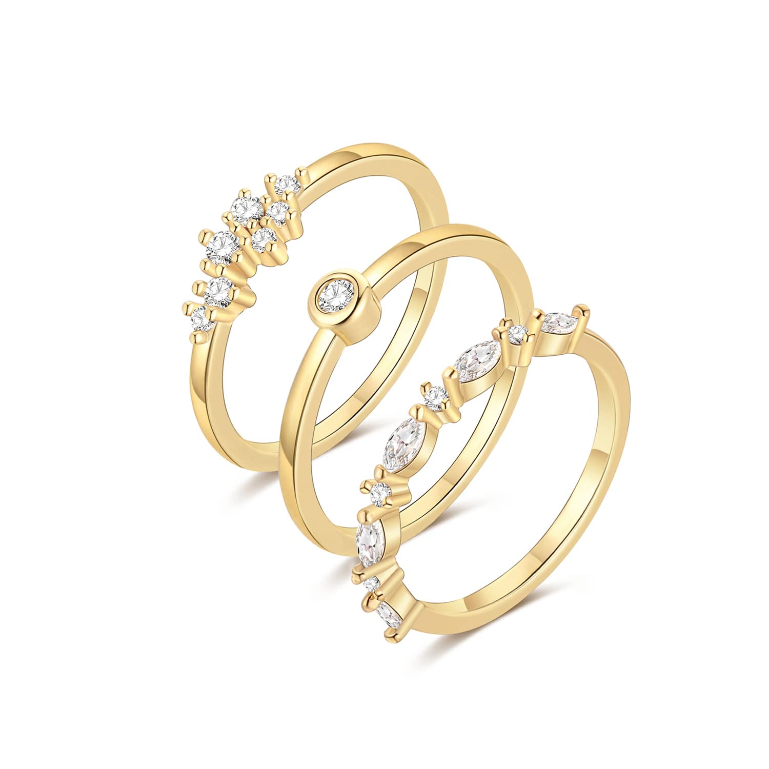 TOBENY 3PCS 14K Gold Stackable Rings for Women - Thin Minimalist Knuckle Rings, Cubic Zirconia Statement Bands, Eternity Wedding Rings (Size 4-10) | Perfect for Layering, Daily Wear, Gift Giving & Special Occasions