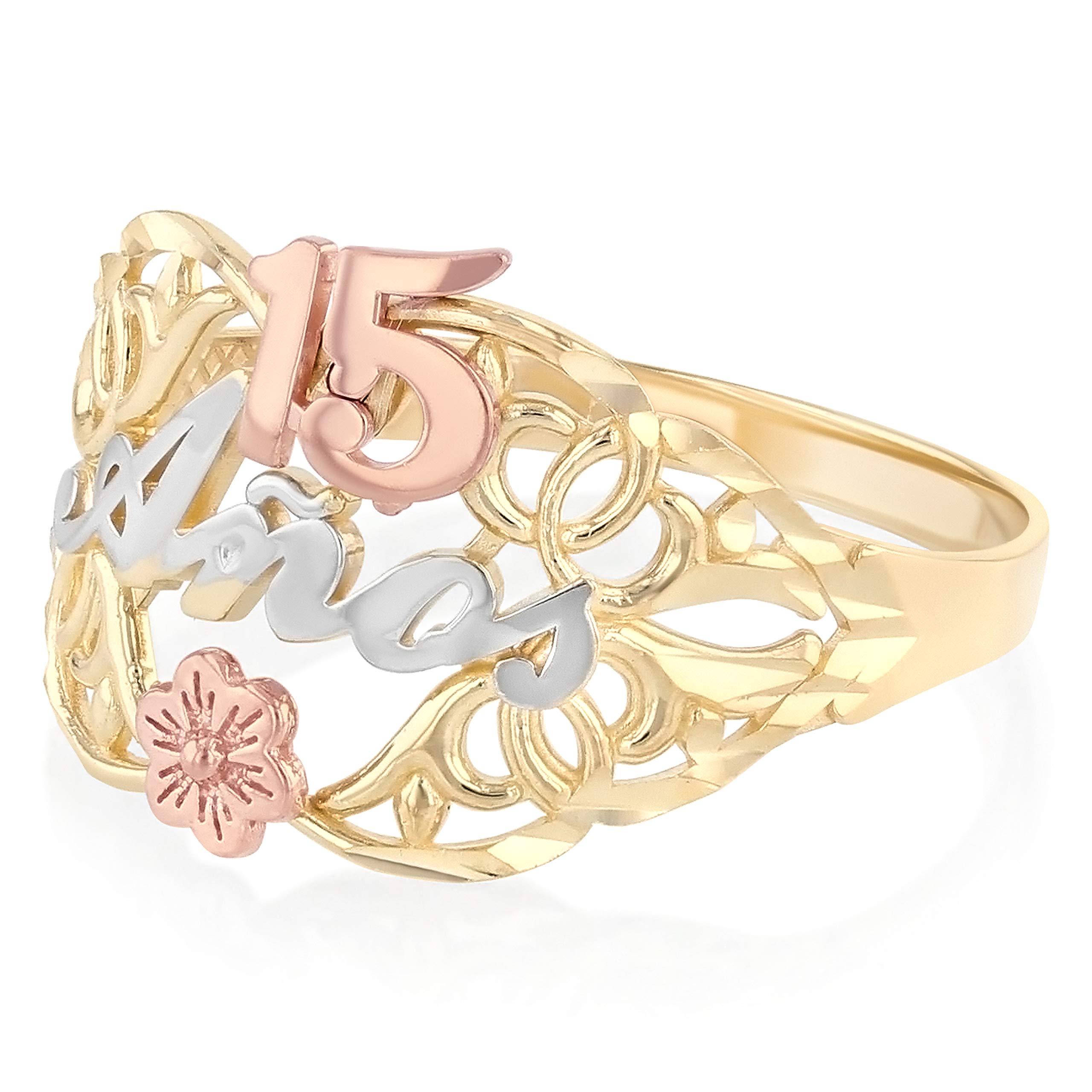 14K Solid Tri-Color Gold Sweet 15 Anos Flower Ring - Elegant Quinceanera Birthday Gift for Girls, Perfect for 15th Birthday Celebrations, Parties & Special Occasions
