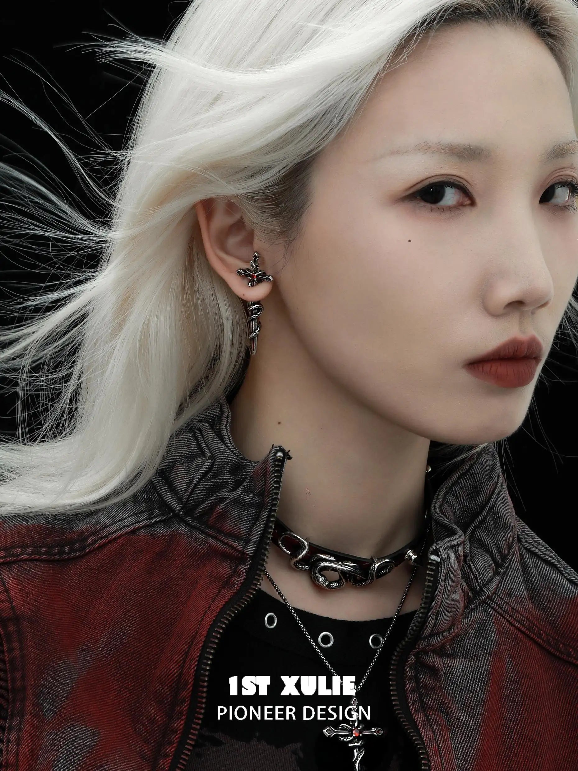 S925 18k Platinum Plated Snake Bite Sword Chain Stud Earrings for Women - Trendy Punk Gothic Jewelry for Parties, Concerts & Night Out