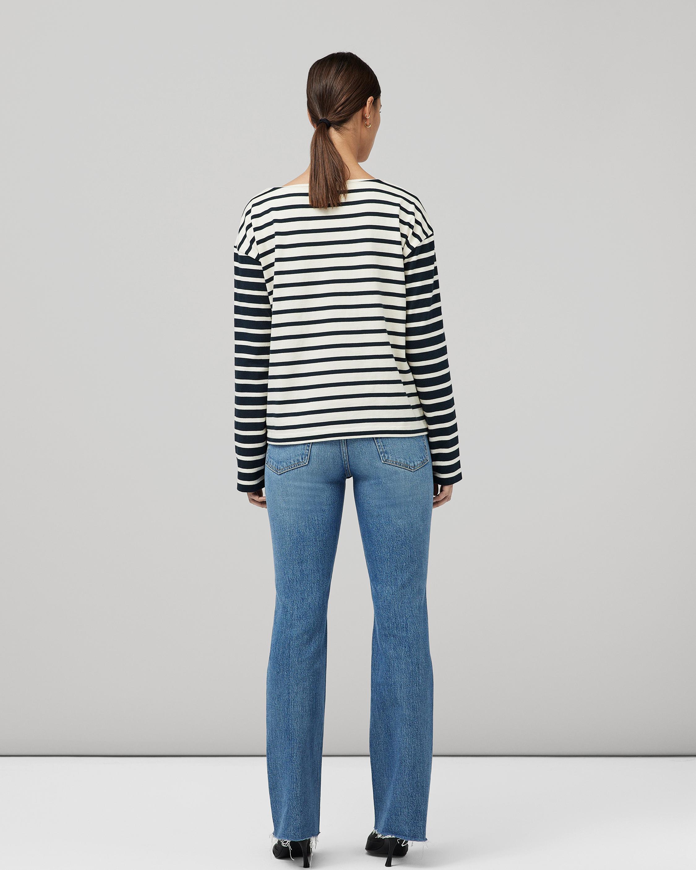 Bardot Striped Long Sleeve Blouse for Women - Fashionable Crew Neck T-Shirt for Casual Wear & Office Outfits