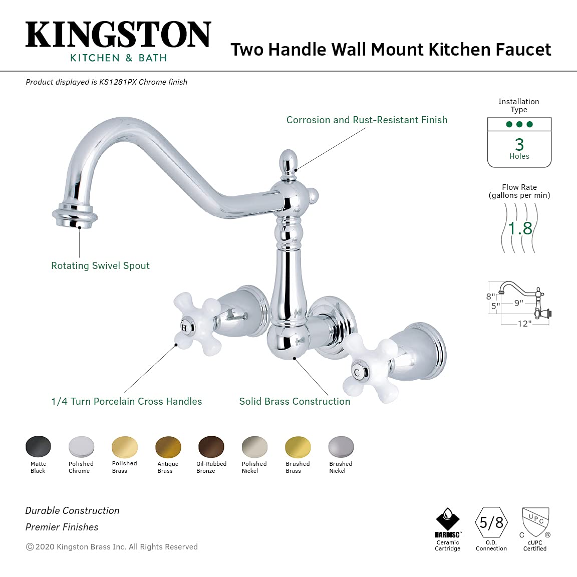 Kingston Brass KS1283PX Wall Mount Kitchen Faucet in Antique Brass - Perfect for Farmhouse, Vintage, and Rustic Style Kitchens