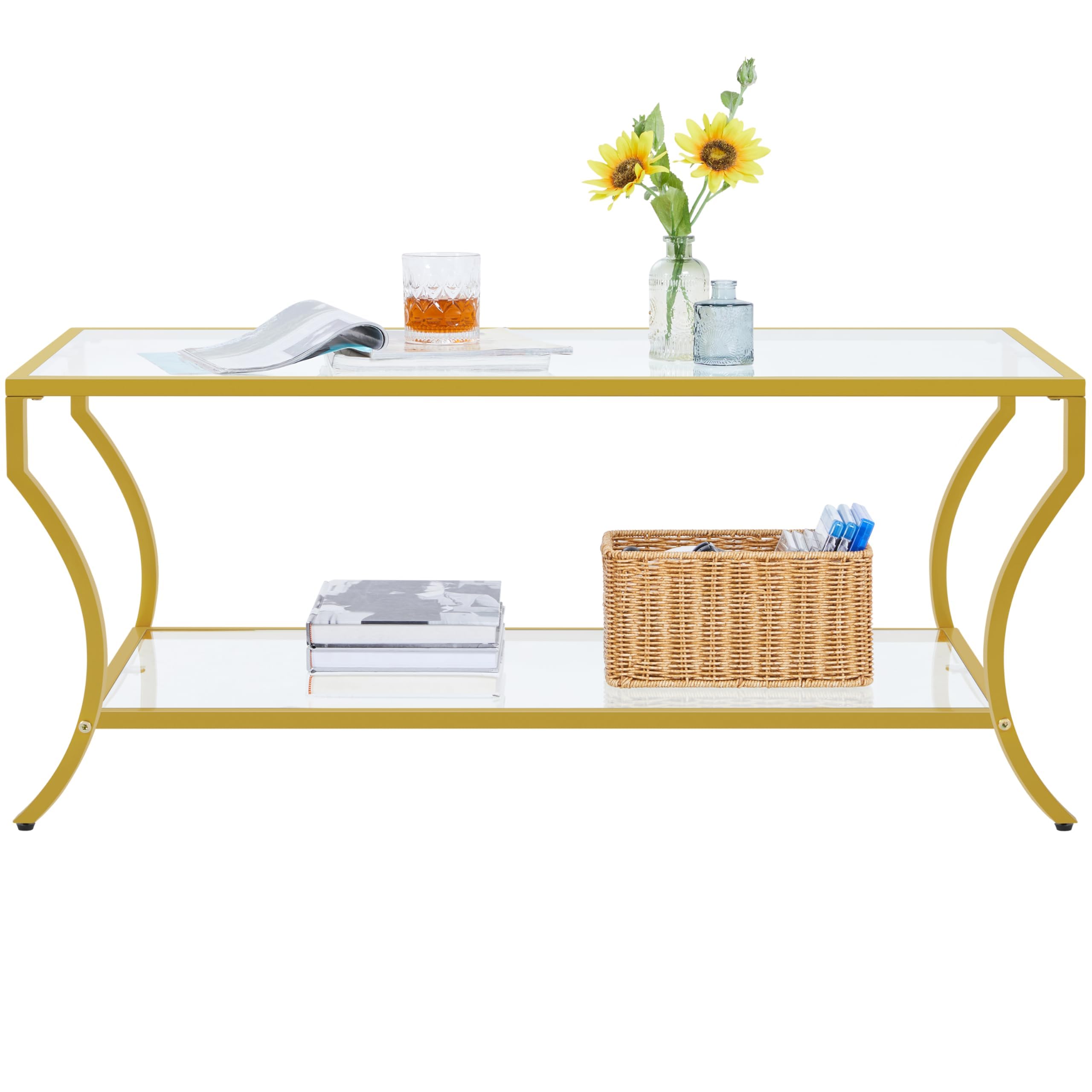 Yaheetech 2-Tier Modern Gold Coffee Table with Tempered Glass Top & Curved Metal Frame - Rectangular Living Room Center Table for Apartment, Lounge & Office - Easy Assembly Home Furniture Decor