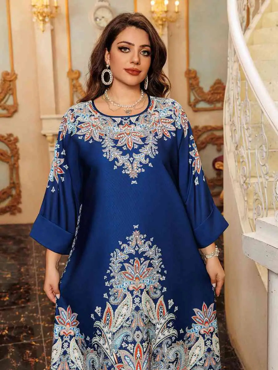 Elegant Hotfix Rhinestone Printed Caftan Kaftan Dress for Women - Perfect for Eid Celebrations, Weddings & Special Occasions
