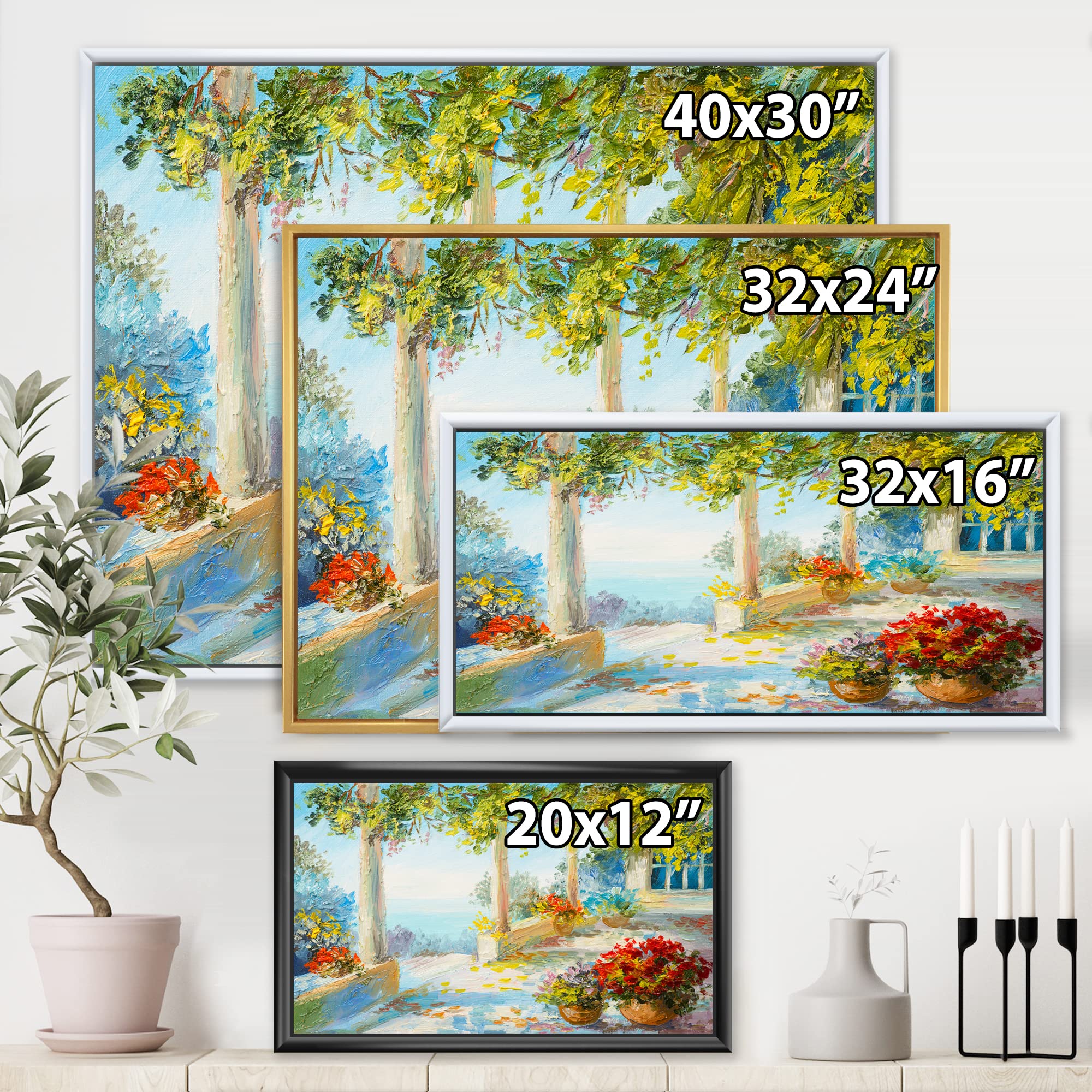 Nautical & Coastal Framed Canvas Wall Art Print - Terrace Near The Sea With Red Flowers | Perfect for Beach House Decor, Living Room, Office & Coastal Themed Interiors