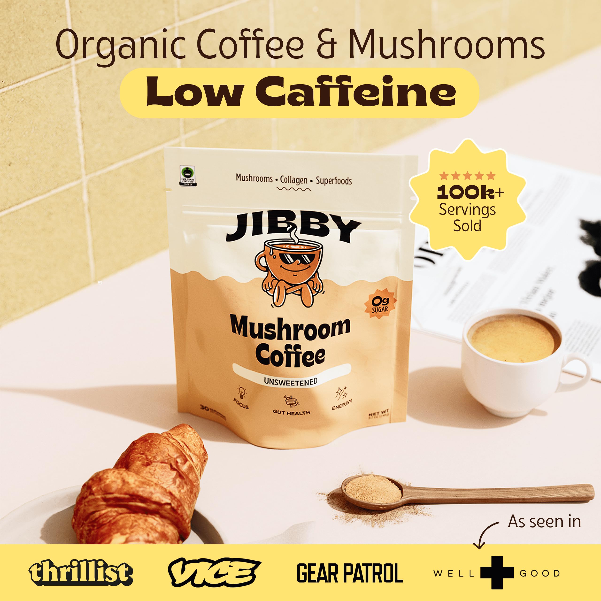 Organic Mushroom Coffee Powder with Collagen & MCT Oil - Energy & Focus Boost for Workouts & Mornings