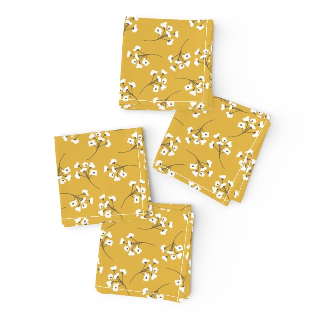 Premium Linen Cotton Canvas Cocktail Napkins Set of 4 - Golden Poppy Floral Print in White & Yellow for Farmhouse Decor | Perfect for Dinner Parties, Weddings & Home Entertaining