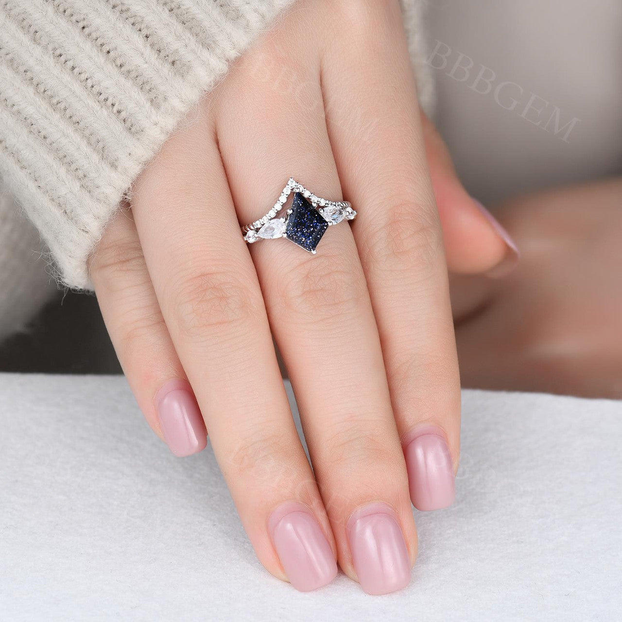 10x7mm Kite Cut Blue Sandstone Engagement Ring with Curved Moissanite Matching Band in 14K White Gold - Perfect for Weddings, Proposals & Anniversary Gifts