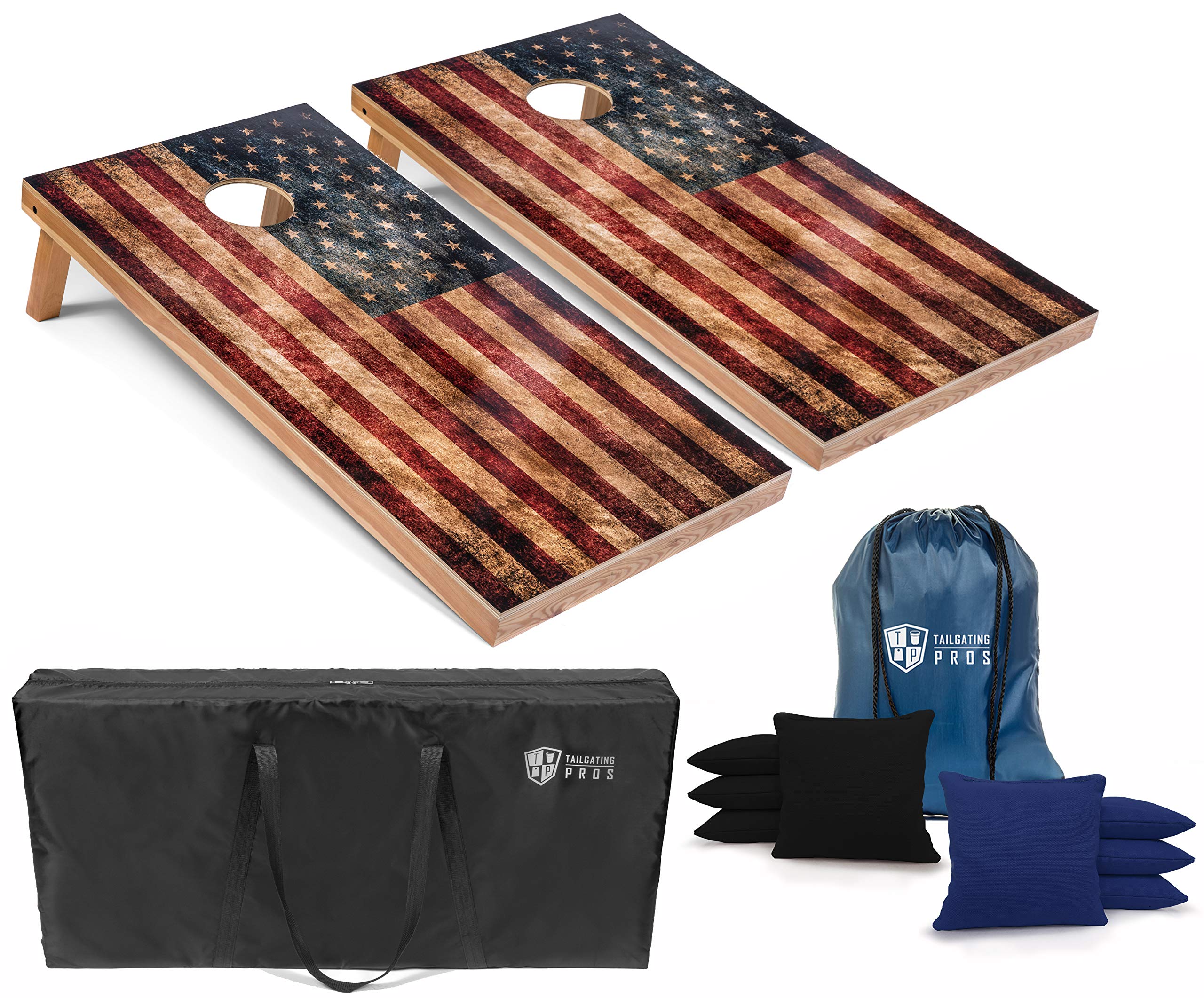 Tournament Grade 4'x2' Rustic American Flag Cornhole Game Set with 8 Bean Bags & Carrying Case - Premium Distressed Wood Cornhole Boards for Tailgating, Backyard Parties, BBQs, and Outdoor Games - Regulation Size for Adults and Kids