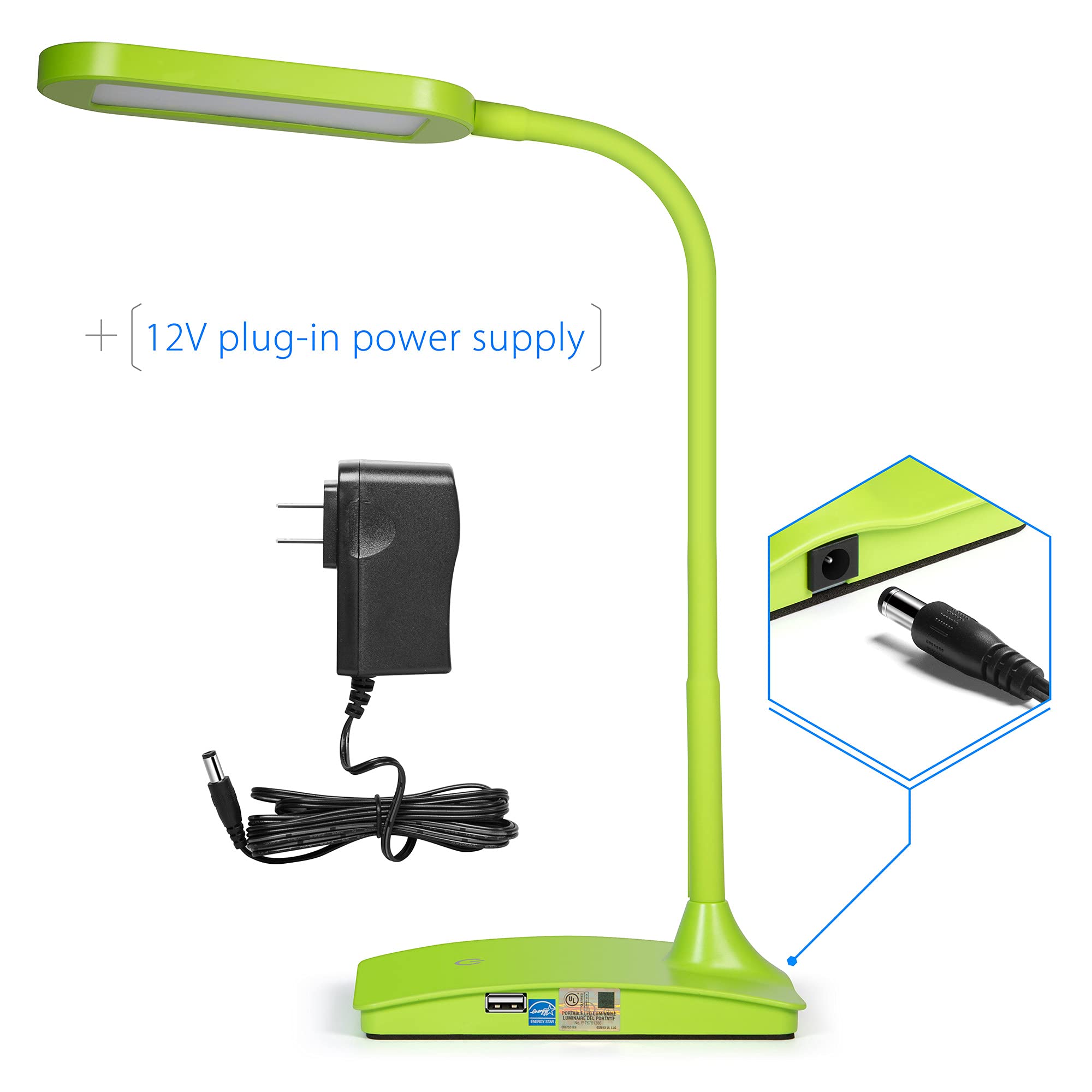 Energy-Efficient Green LED Desk Lamp with USB Charging Port - Adjustable Brightness Study Light for Home Office, Bedside Reading & Workspace Lighting | Perfect for Students, Remote Workers & Nighttime Readers