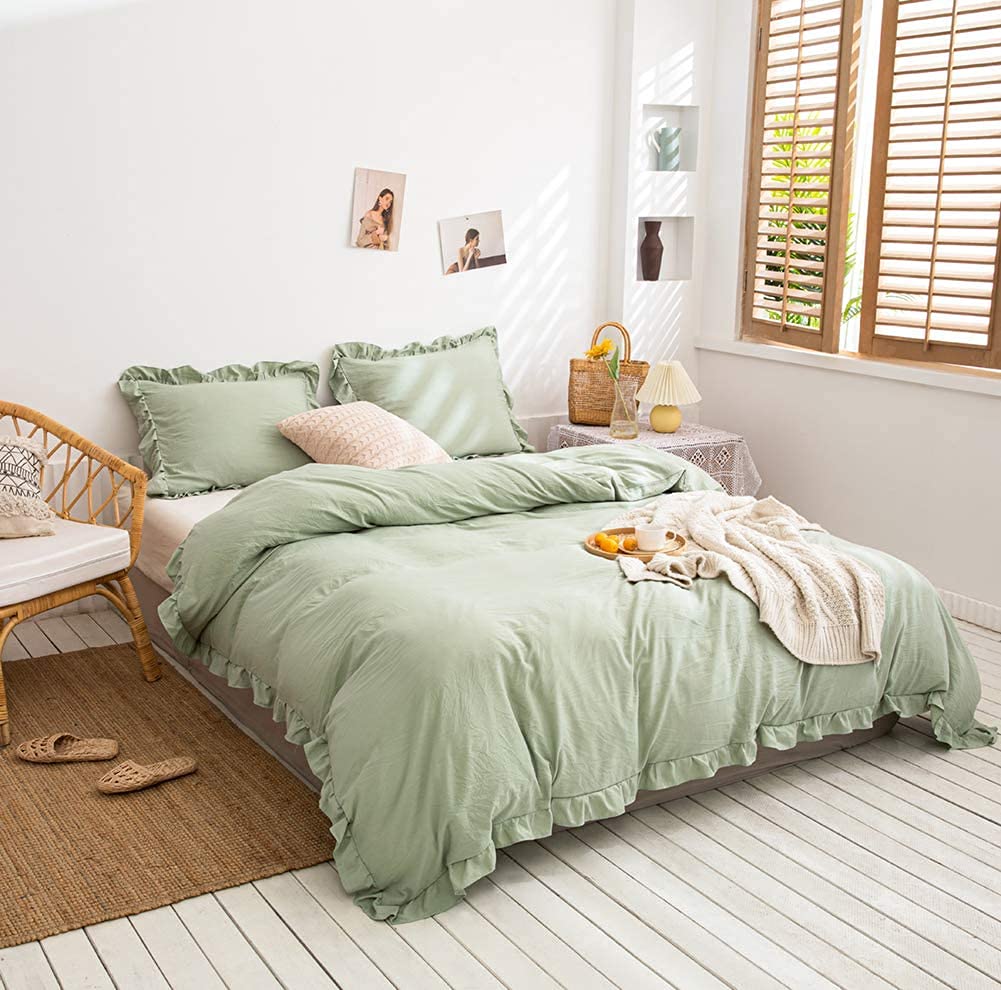 Elegant Sage Green Ruffled Cotton Duvet Cover Set - Queen & King Size (120x120 Inches) | Soft Bedding for Cozy Bedroom Decor | Perfect for Master Bedrooms, Guest Rooms & Airbnb Styling
