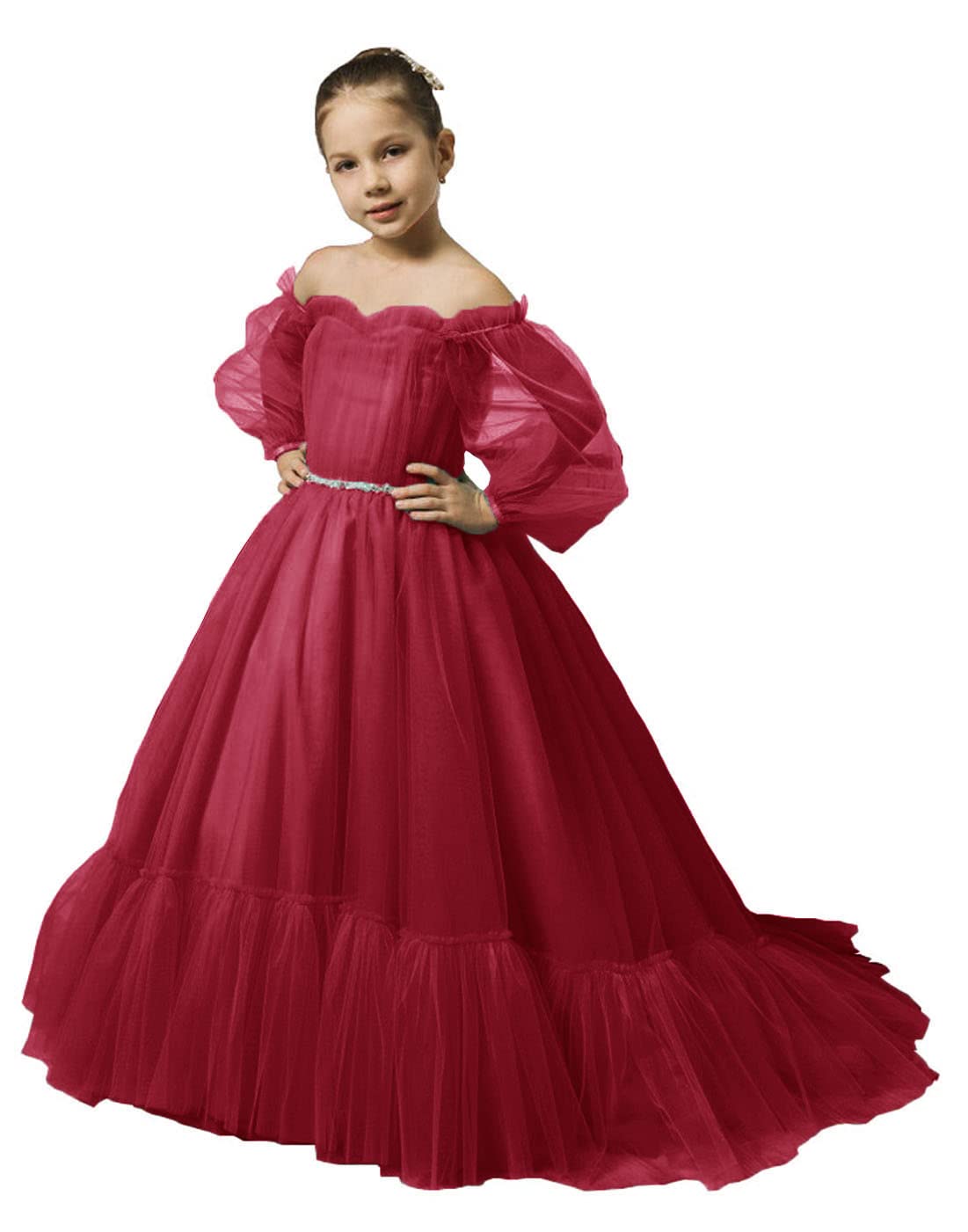 Tianzhihe Puffy Sleeves Flower Girl Dress for Wedding | Princess Pageant Dress | Kids Ball Gown with Belt | Perfect for Weddings, Pageants & Special Occasions