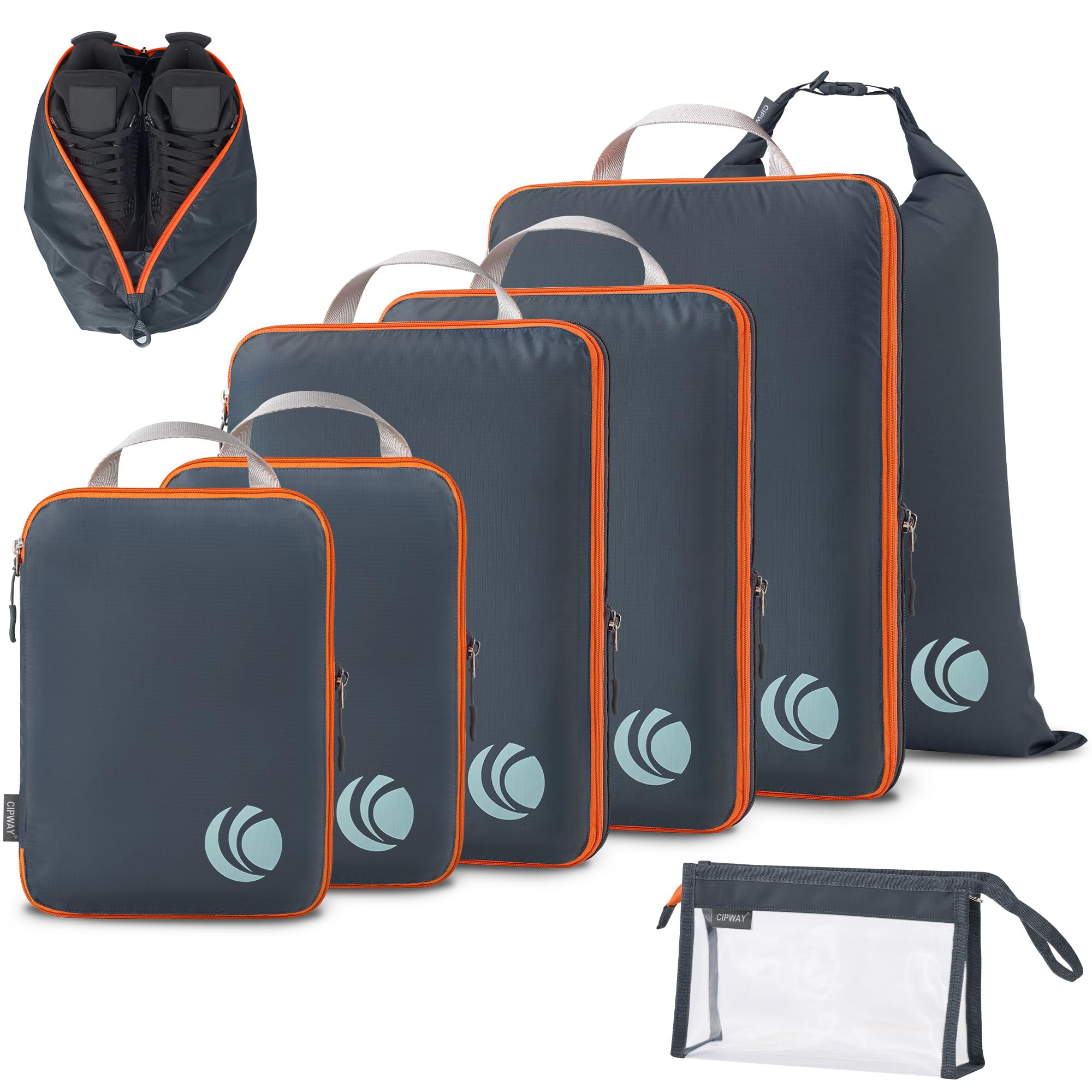 Cipway 8-Piece Travel Compression Packing Cubes Set - Lightweight Luggage Organizer with Shoe Bag, Toiletry Bag & Laundry Bag - Perfect for Carry-On Suitcases & Backpacks - Ideal for Business Trips, Vacations & Weekend Getaways (Gray)