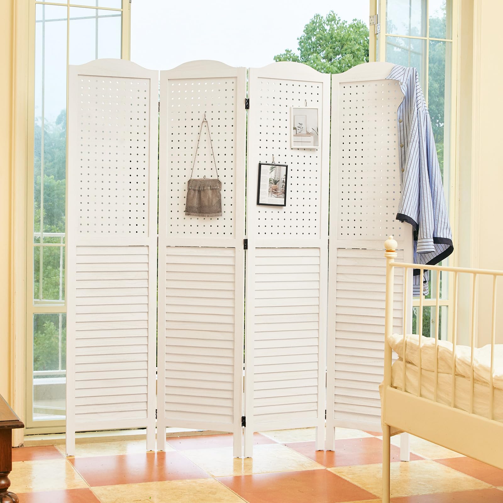 5.75Ft Wooden Freestanding 4-Panel Pegboard Display - Multifunctional Privacy Screen & Room Divider for Craft Fairs, Jewelry Displays, Trade Shows & Home Organization (White) - Perfect for Retail Stores, Craft Booths & Office Partitions