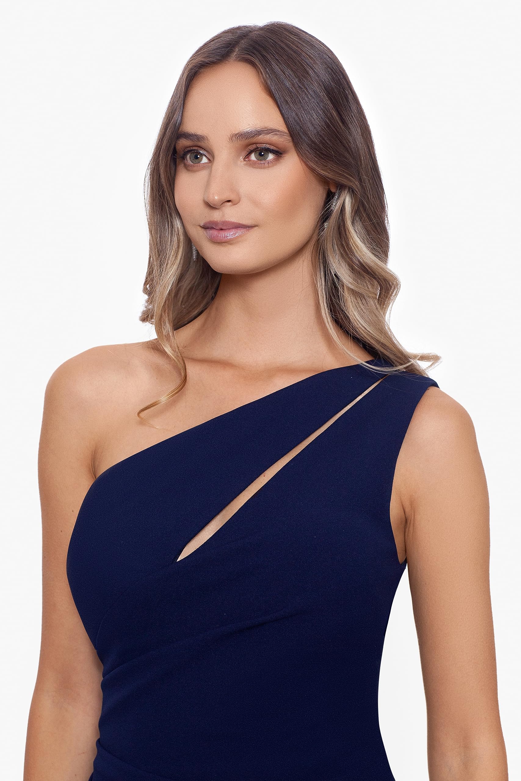 Betsy & Adam Women's Elegant Long Sleeveless One Shoulder Side Ruched Scuba Crepe Gown - Perfect for Evening Gala, Prom Night & Formal Occasions