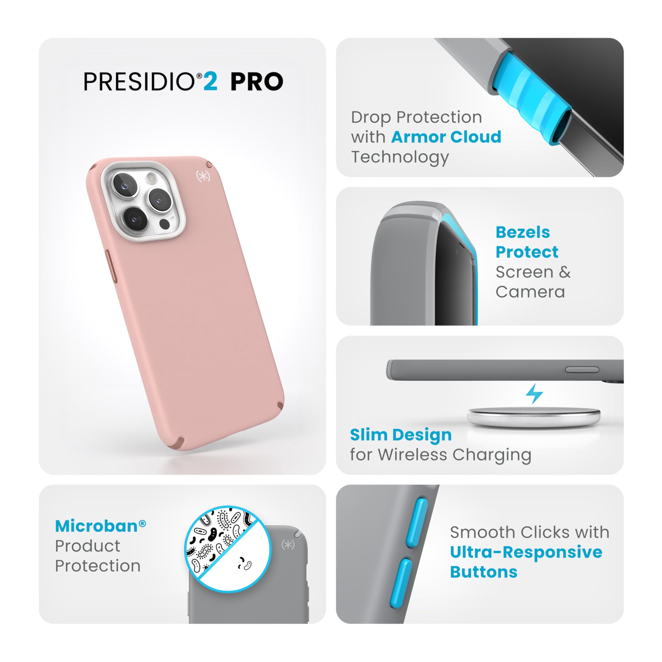 Speck iPhone 15 Pro Max Case with Military-Grade Drop Protection | Scratch-Resistant Soft Touch Cover | 6.7 Inch Shockproof Phone Case | Presidio2 Pro in Dahlia Pink, Rose Copper & White | Perfect for Outdoor Activities & Daily Use