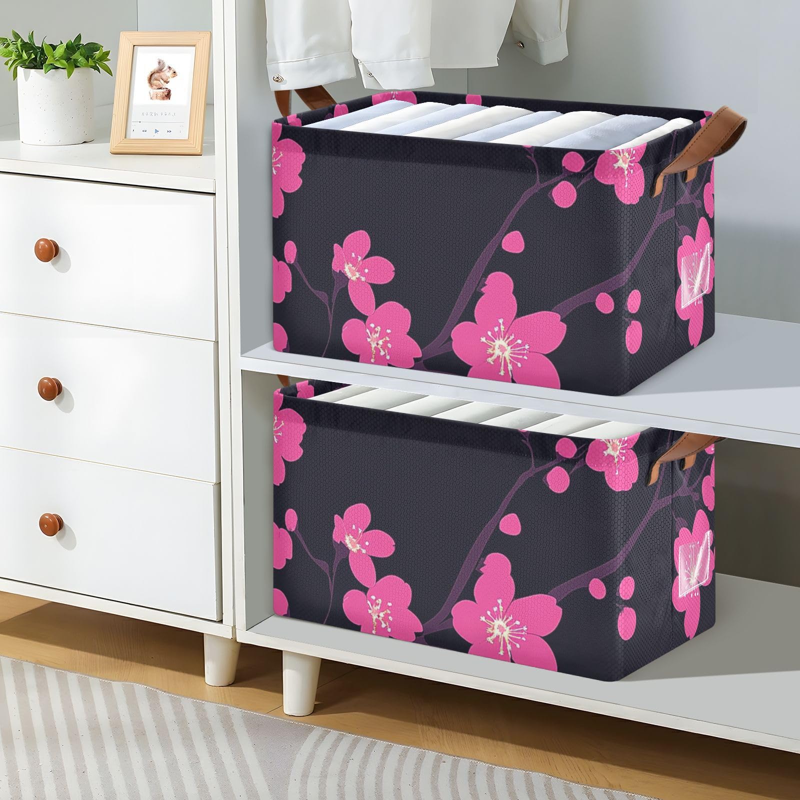 Cherry Blossom Pattern Foldable Storage Baskets with Handles - 2 Pack Decorative Organizer Bins for Closet, Shelves, Books & Home Organization | Perfect for Bedroom, Bathroom, and Office Storage Solutions