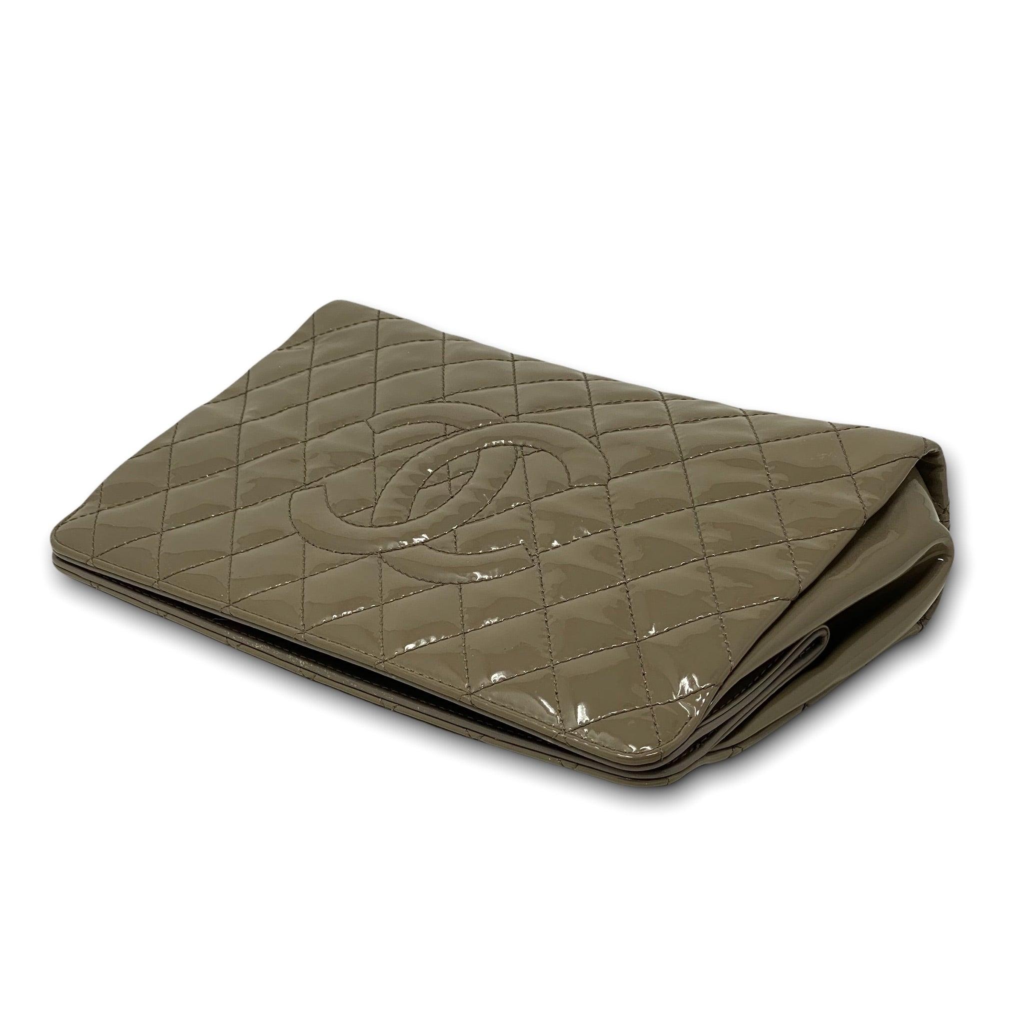Chanel Taupe Patent Leather Timeless Large Clutch Bag - Elegant Evening Clutch for Women's Parties, Weddings & Special Events