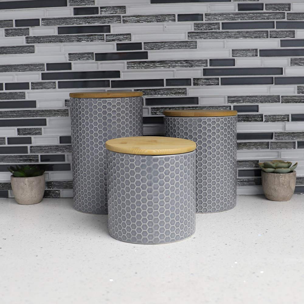 Modern Honeycomb Design Kitchen Canister Set with Bamboo Lid - Grey | Airtight Storage for Dry Food, Baking Staples, Snacks | Perfect for Countertop Organization & Pantry Storage
