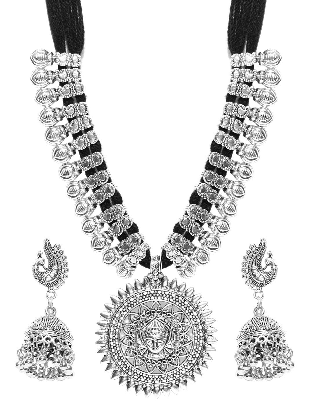 Antique German Silver Oxidized Plated Tribal Cotton Thread Jewelry Set for Women & Girls - Necklace & Earrings Set | Boho Chic Accessories for Parties, Weddings & Festivals
