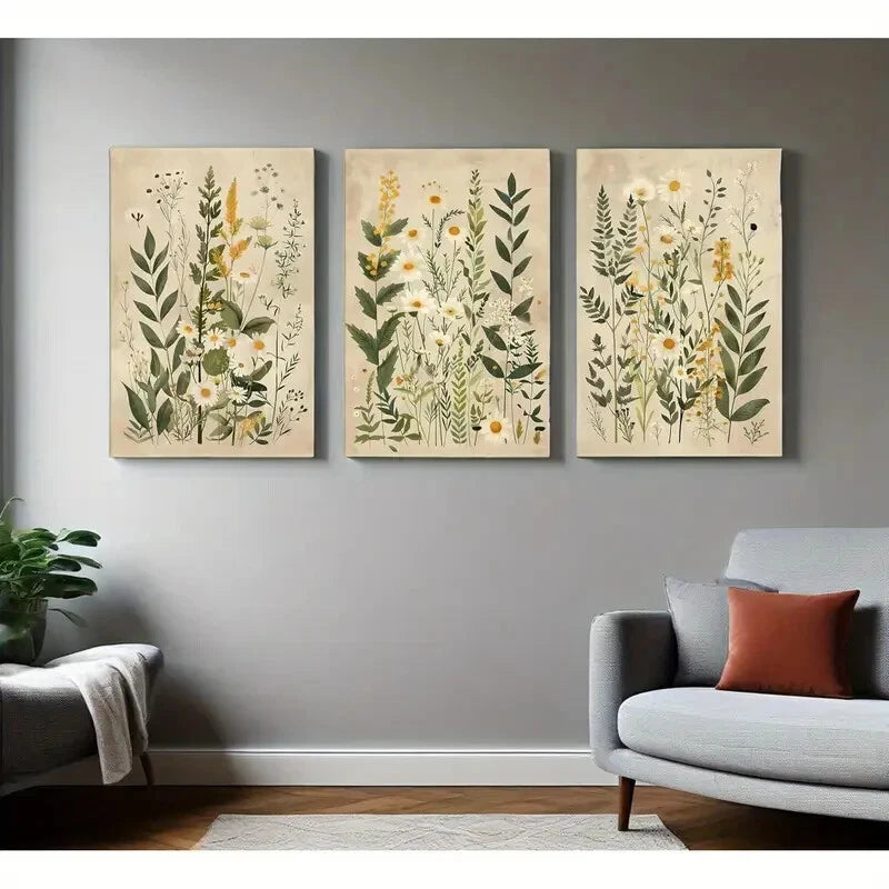 3-Piece Vintage Wildflower Posters with Daisy & Sage - Metal Print Wall Art Ready to Hang - Perfect for Home, Office & Farmhouse Decor